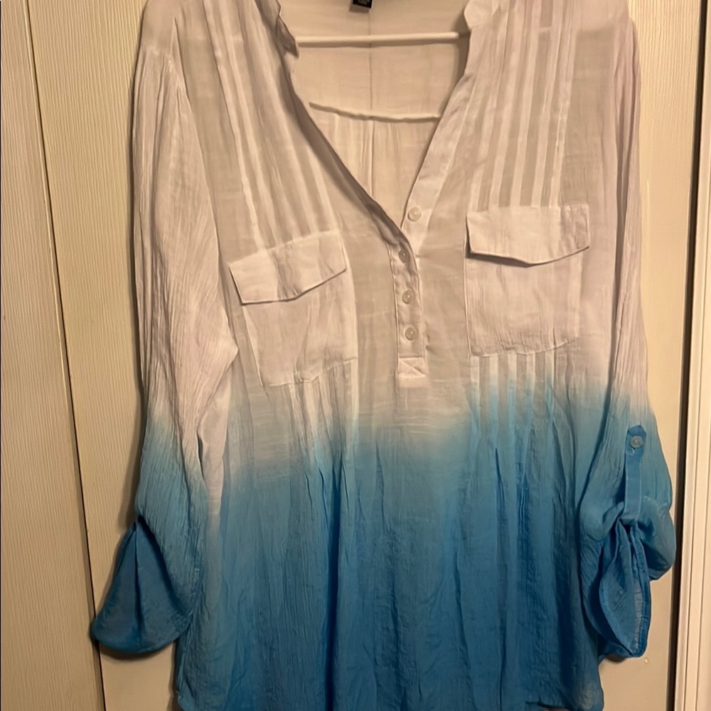 Zac & Rachel Blue and White Pleated Tunic with Mandarin Collar